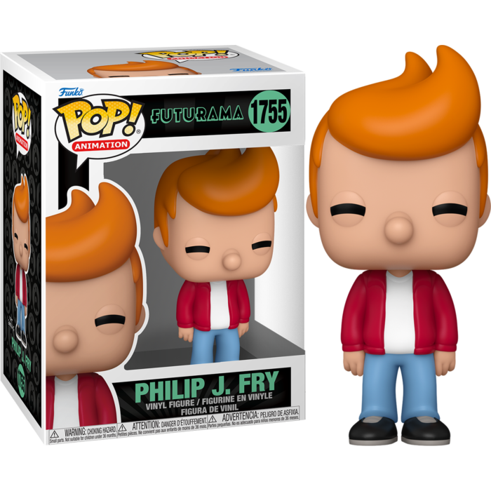 Figura de vinilo Funko Pop Philip J. Fry con cabello naranja, chaqueta roja, camisa blanca y jeans azules, junto a su caja.