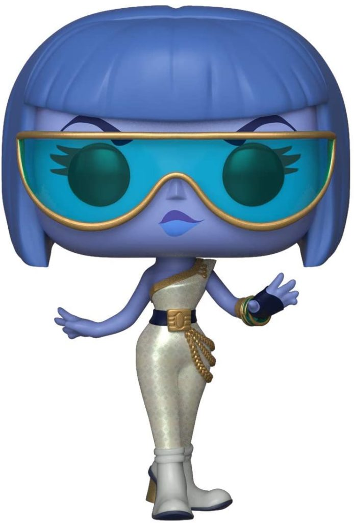 Blaue Funko Pop Figur mit großen blauen Haaren und Brille.