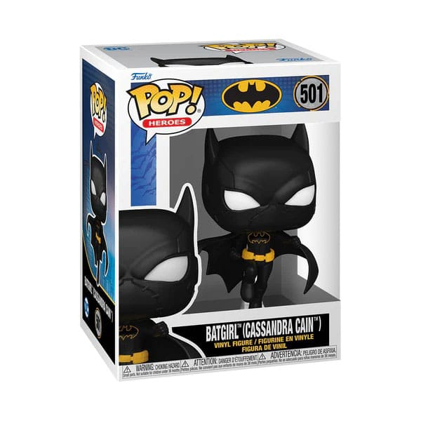 Una figura Funko Pop de Batgirl (Cassandra Cain) en su caja original, con traje negro y cinturón amarillo.