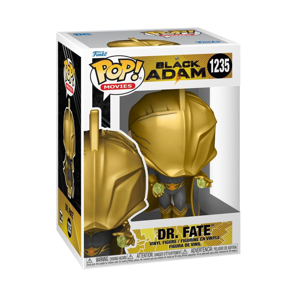 Figurka winylowa Funko Pop Dr. Fate z filmu Black Adam w złotej masce w pudełku kolekcjonerskim.