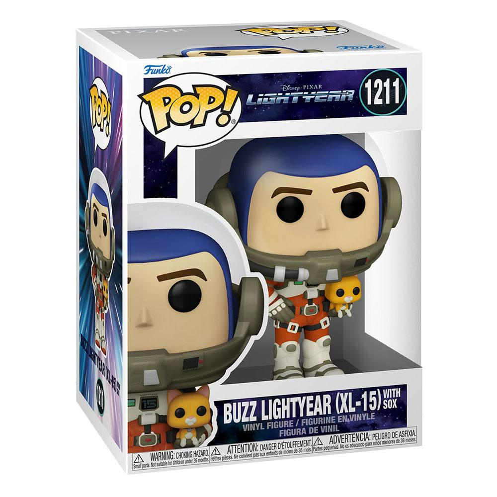Scatola Funko Pop con statuetta Buzz Lightyear XL-15 e il gatto Sox.
