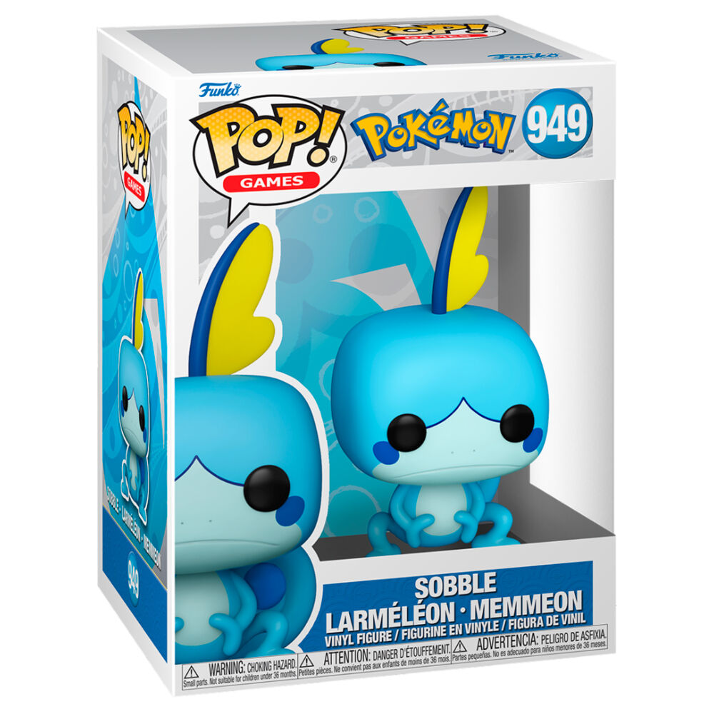 Eine Funko Pop Figur von Sobble aus Pokémon in einer blauen und weißen Box mit der Nummer 949.