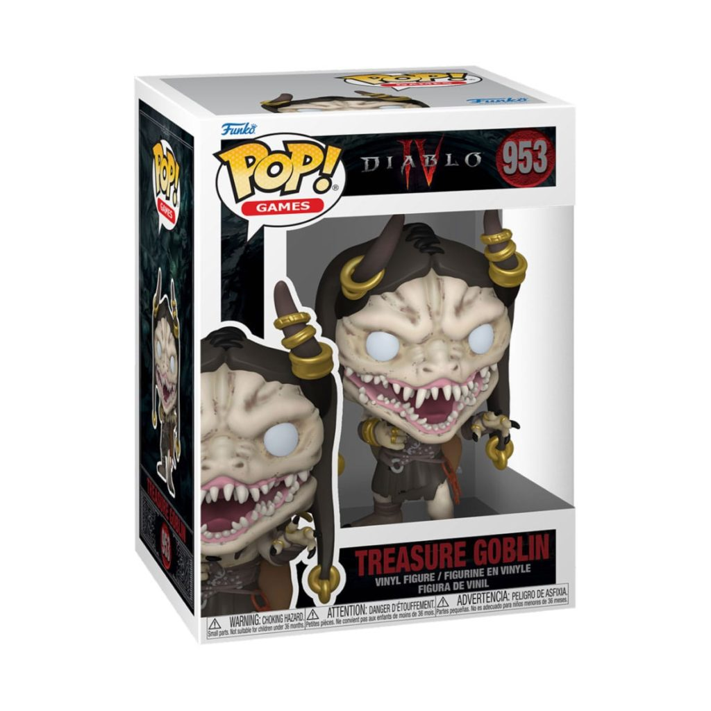 Figura Funko Pop Treasure Goblin de Diablo IV en caja original con cuernos y boca blanca llena de dientes.