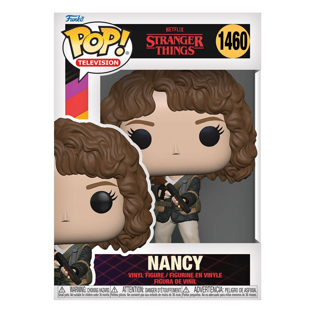 Figurka winylowa Funko Pop Nancy ze Stranger Things z kręconymi włosami i strzelbą w pudełku.