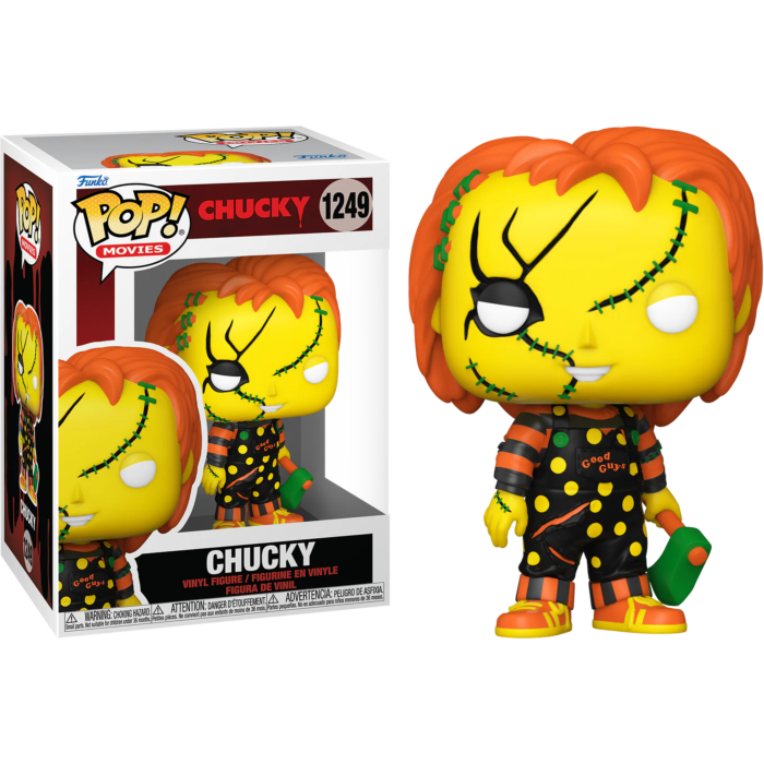 Figura de vinilo Chucky Pop! con piel amarilla, pelo rojo y peto, junto a su caja.