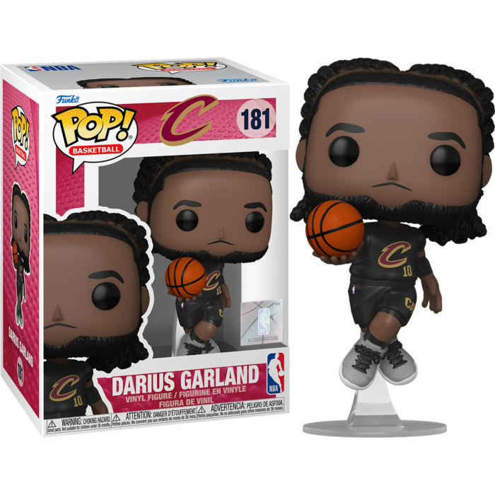 Darius Garland Pop! NBA-Vinyl-Figur in Cavaliers-Trikot mit Basketball und Verpackung.