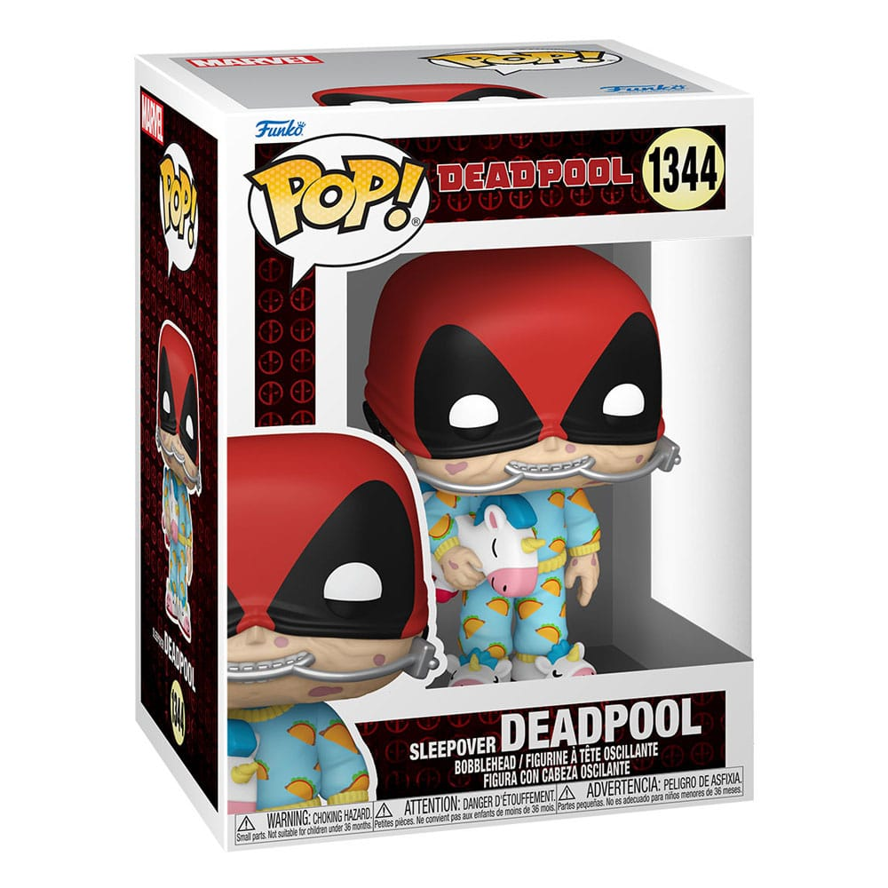 Figura Funko Pop di Deadpool in pigiama con un unicorno, nella scatola.