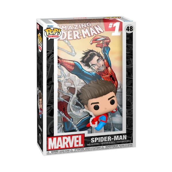 Una figure da collezione Funko Pop di Spider-Man in una scatola con copertina Marvel.