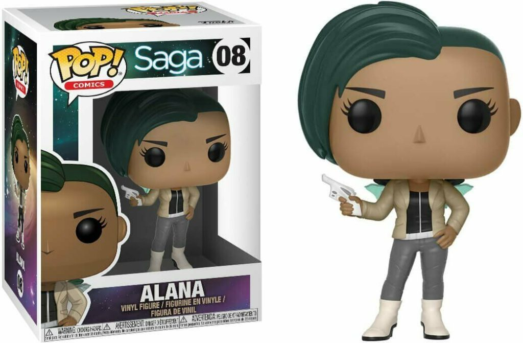 Funko Pop Alana Vinylfigur aus Saga mit Blaster, in und aus der Verpackung.