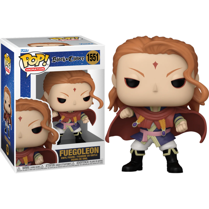 Figura de vinilo Funko Pop de Fuegoleon con capa roja y pelo naranja junto a su caja.