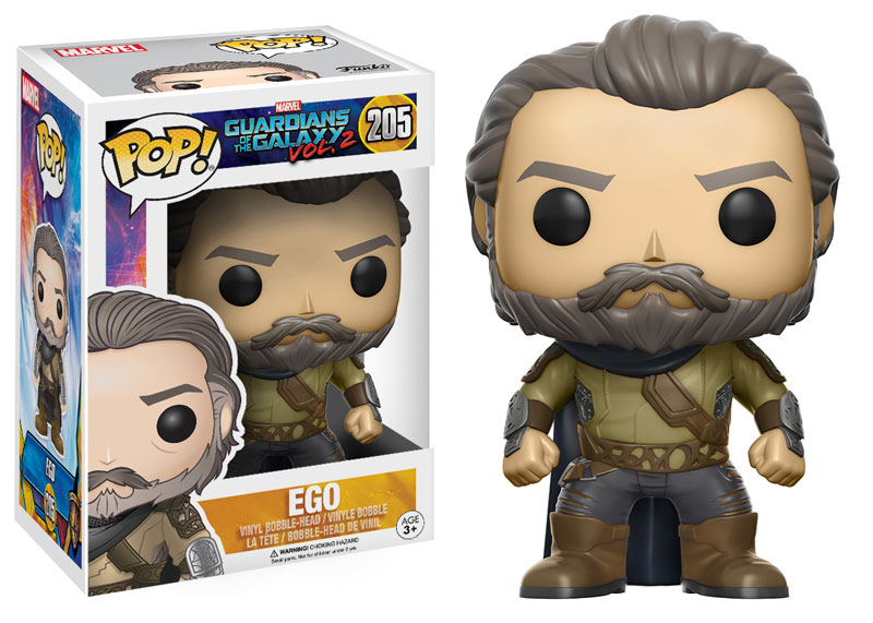 Eine Ego Funko Pop Figur mit Bart und Rüstung steht neben ihrer Verpackung von Guardians of the Galaxy Vol 2.