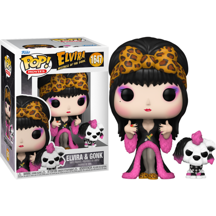 Las figuras Funko Pop de Elvira y Gonk están junto a su caja ilustrada a juego sobre un fondo negro.
