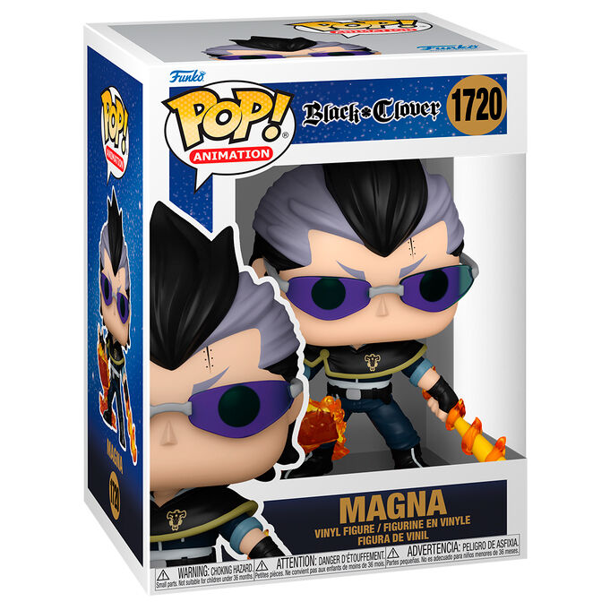 Una figura de vinilo Funko Pop Animation de Magna de Black Clover con un bate llameante en su caja.