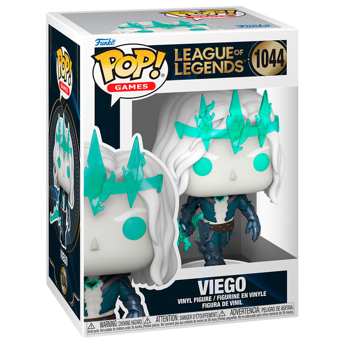 Una scatola Funko Pop con la figura in vinile di Viego da League of Legends, con capelli bianchi e corona turchese.
