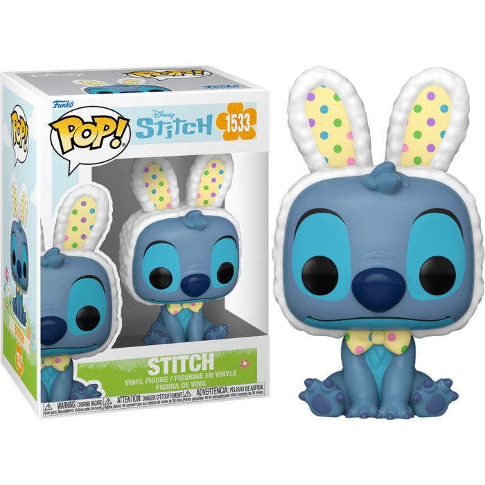 Une figurine en vinyle Funko Pop de Stitch avec des oreilles de lapin et un nœud à pois, présentée dans et hors de sa boîte.