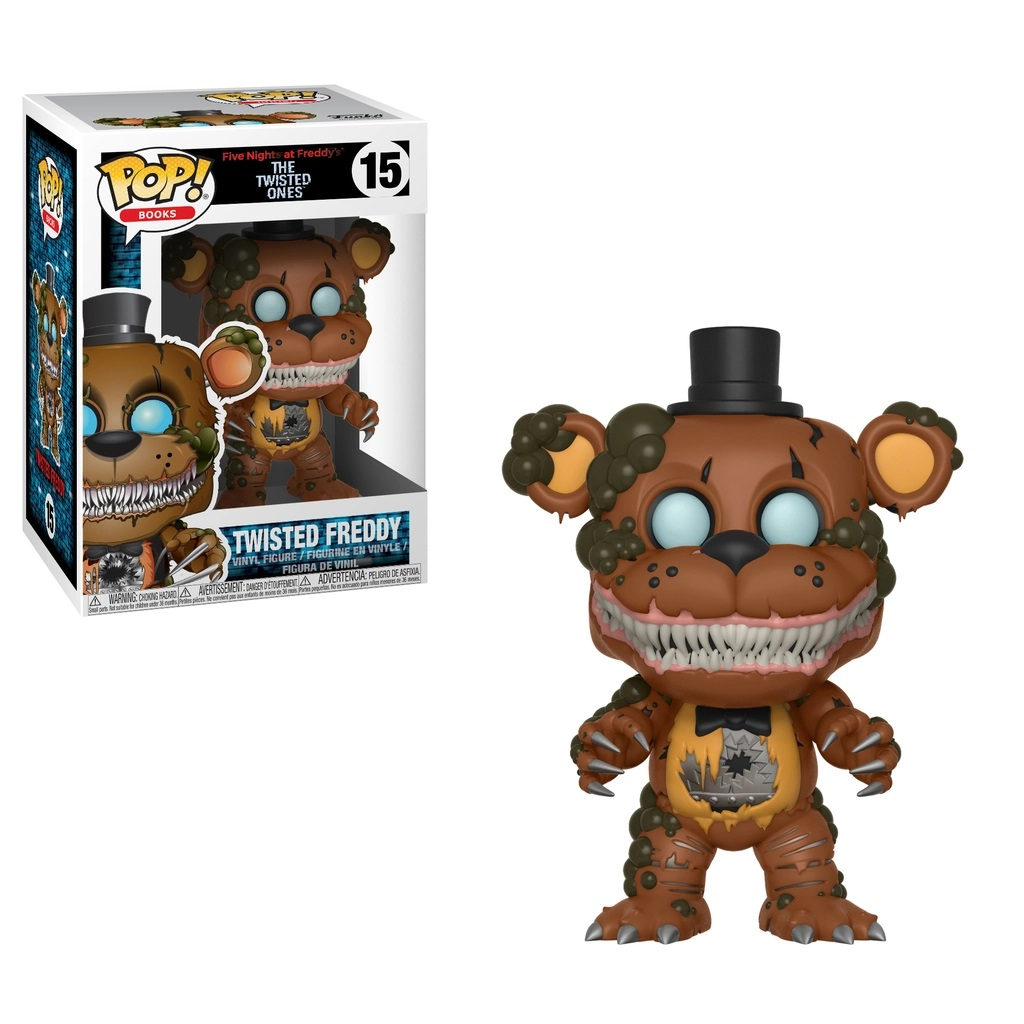Funko Pop Figur von Twisted Freddy aus FNAF, ein brauner Bär mit Zylinder, scharfen Zähnen und weißem Leuchten.