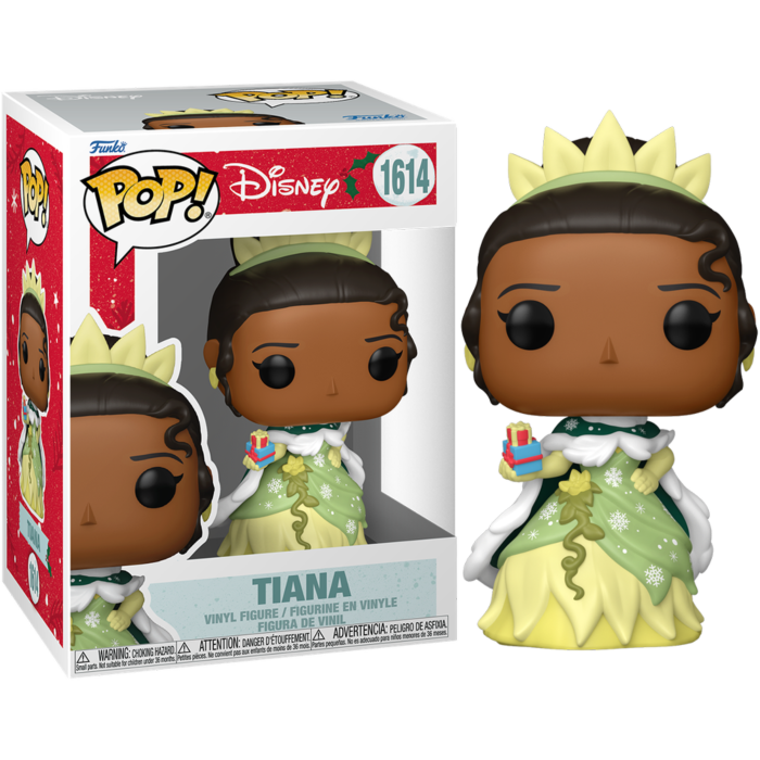 Figura de vinilo Funko Pop de Tiana con vestido navideño verde y un regalo, junto a su caja.