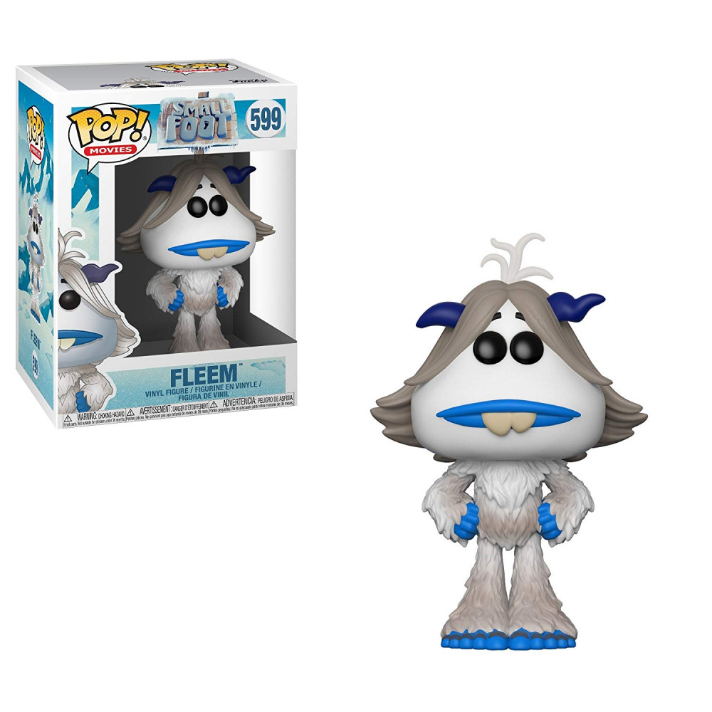 Funko Pop Figur von Fleem aus Smallfoot, weiß mit blauen Lippen und Hörnern, mit seiner Themenbox.