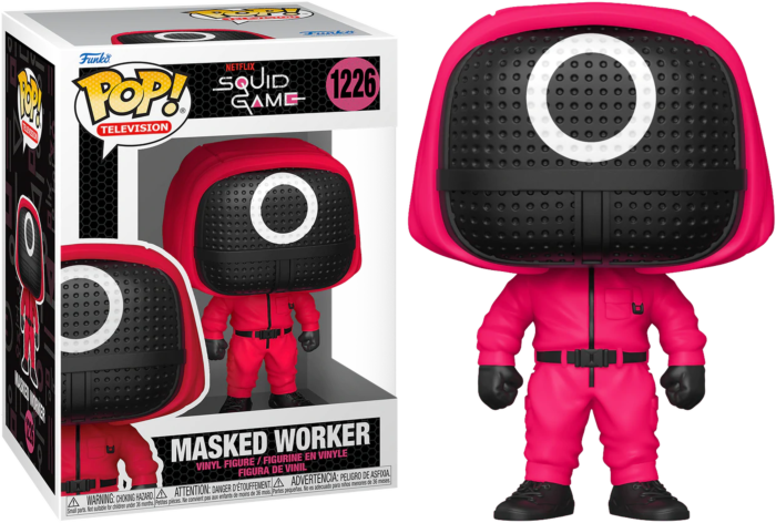Una figura de vinilo de Funko Pop de Squid Game Masked Worker y su caja.