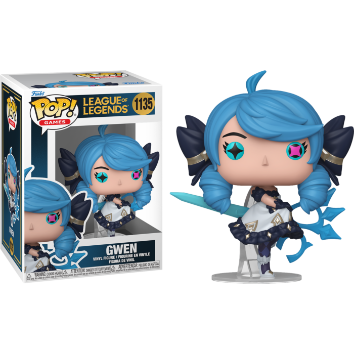 Figurka winylowa Gwen Funko Pop z niebieskimi włosami i sukienką, obok pudełka.