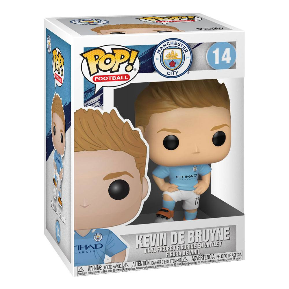 Kevin De Bruyne Funko Pop-Figur in ihrer originalen blauen Manchester City-Verpackung.