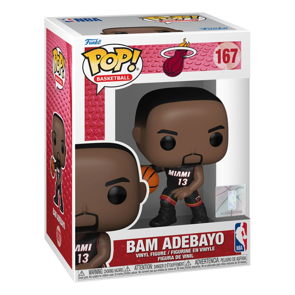 Figurine en vinyle Pop! Basketball de Bam Adebayo dans une boîte de collection aux couleurs du Heat de Miami.