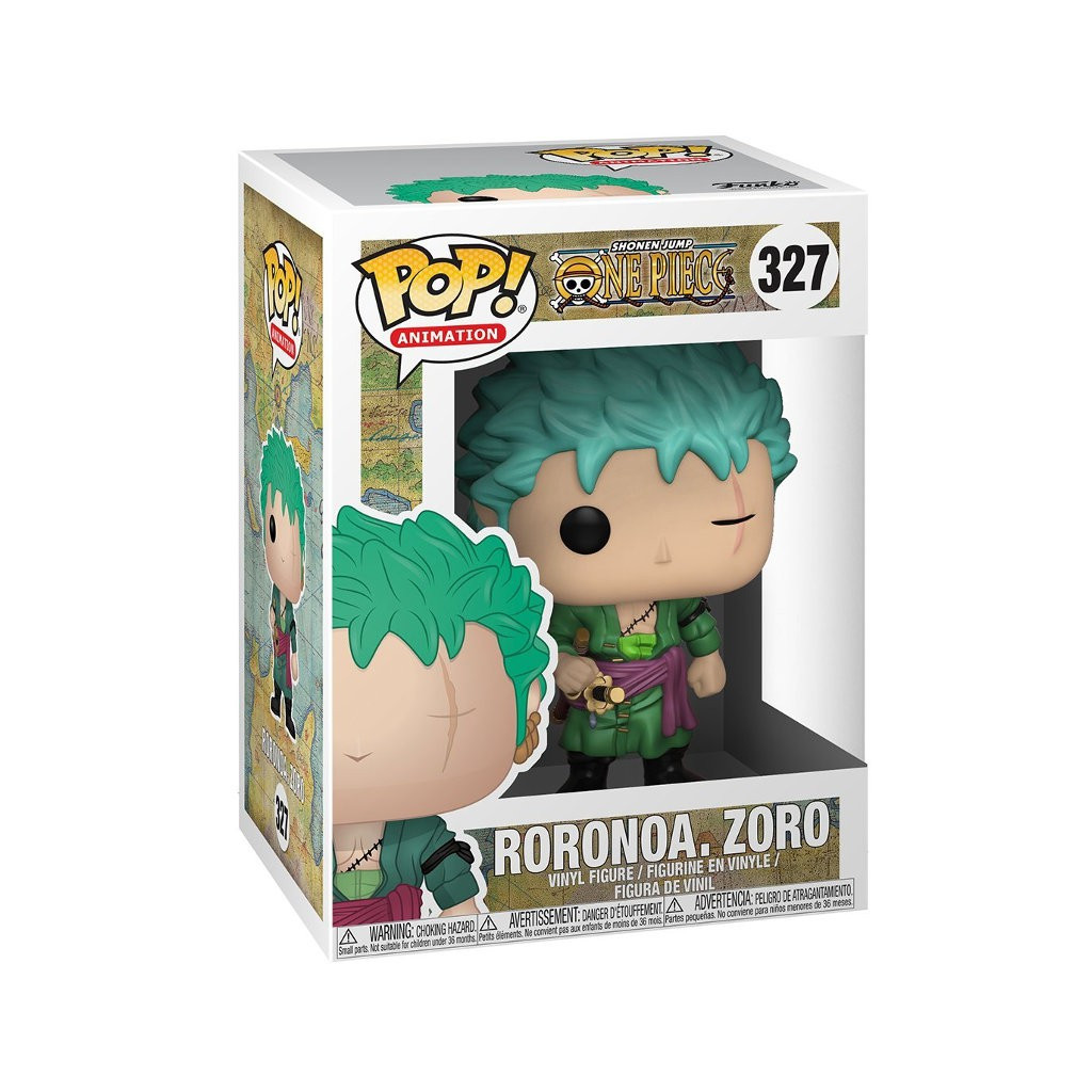 Figura de vinilo Funko Pop! Roronoa Zoro de One Piece en su caja, con pelo verde.