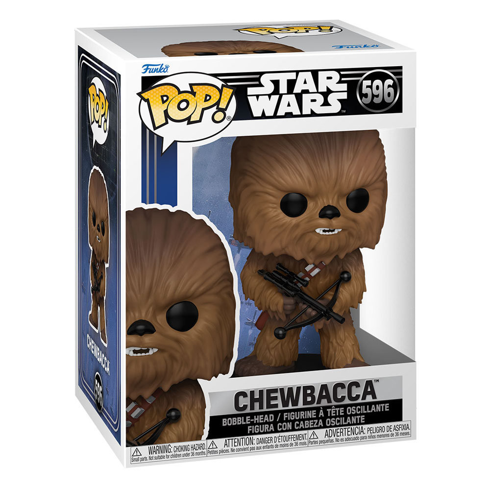 Figurine de collection Funko Pop Star Wars Chewbacca dans sa boîte d'origine avec le personnage et son arbalète.