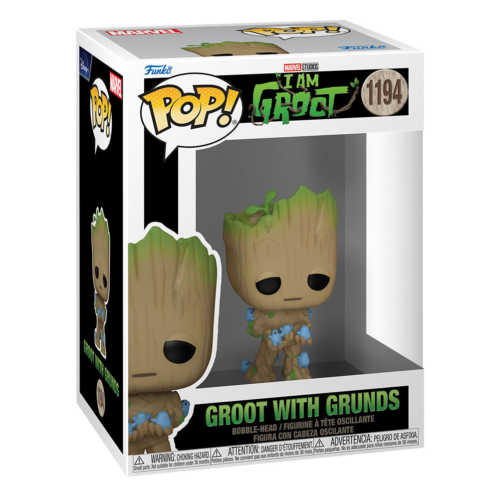 Figurine Funko Pop de Groot avec de petits personnages bleus dans une boîte.