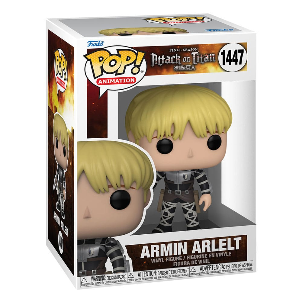Figura in vinile Funko Pop di Armin Arlert in una scatola da collezione.