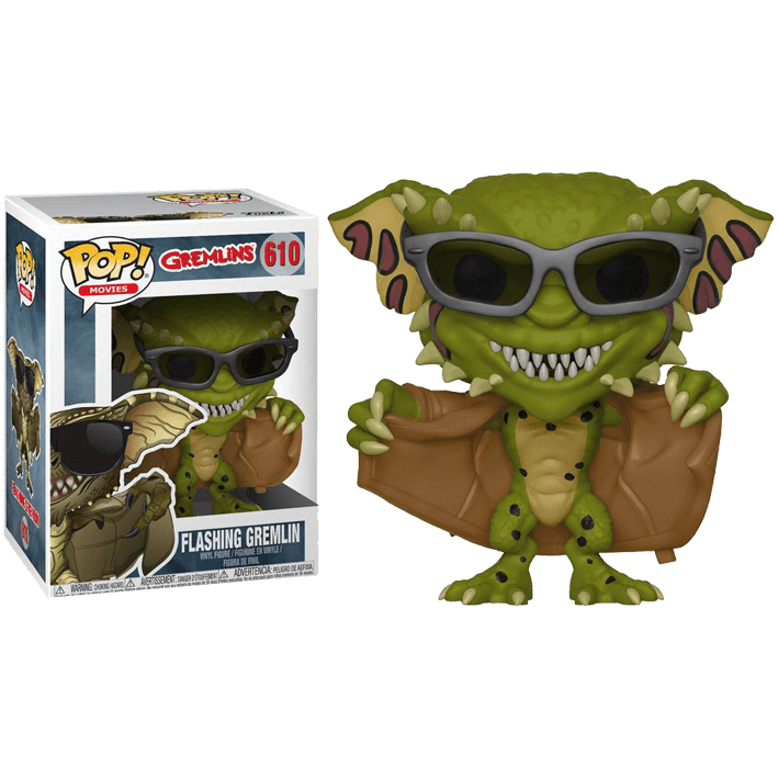Eine Pop!-Vinylfigur des Flashing Gremlin mit Sonnenbrille und Trenchcoat neben ihrer Schachtel.