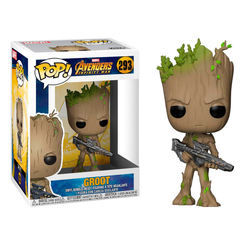 Figurka winylowa Funko Pop Groot z bronią i jej pudełkiem.