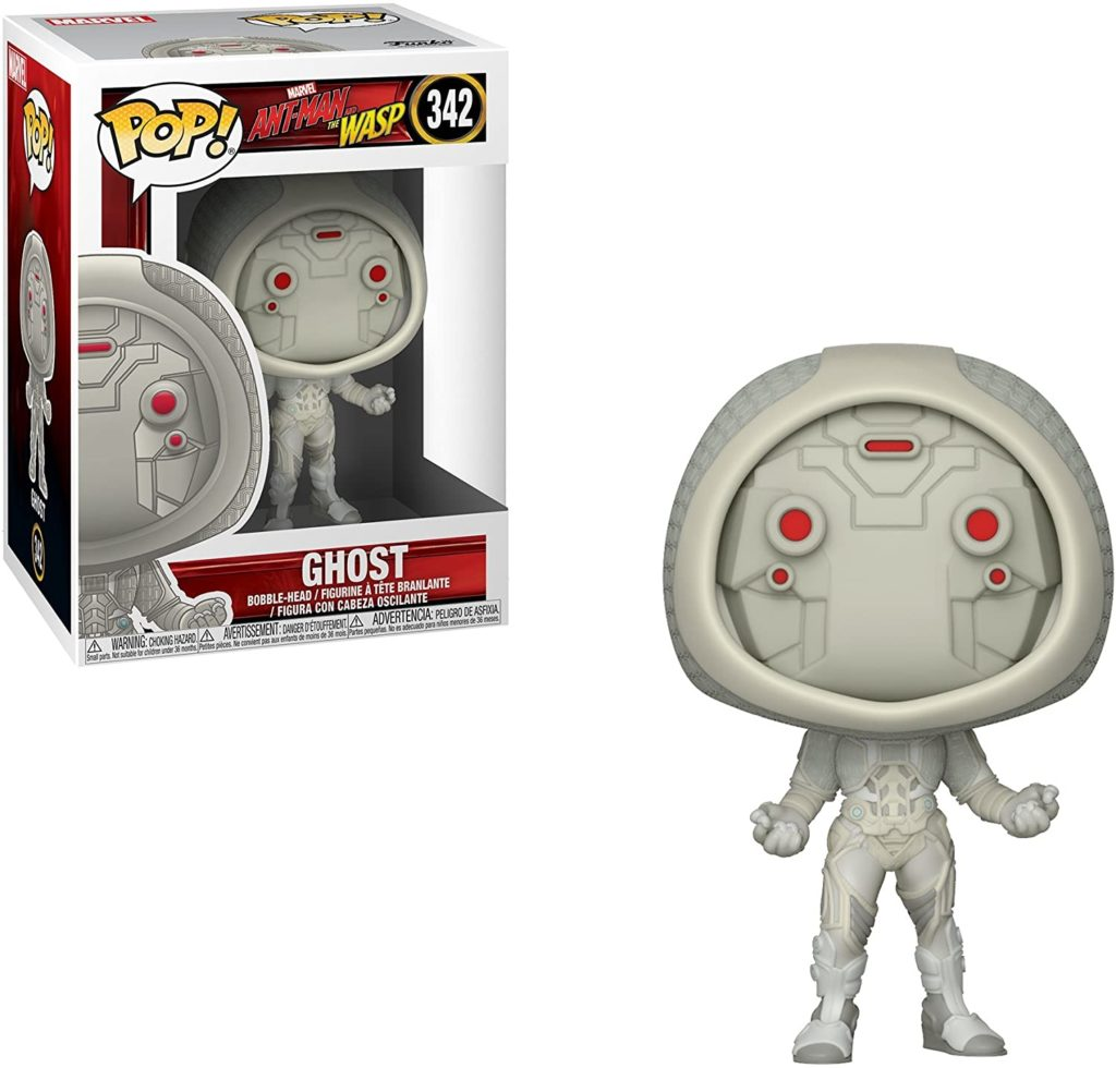 Funko Pop Figur von Ghost aus Ant-Man and the Wasp, im weißen Anzug mit rot leuchtenden Augen, mit Verpackung.