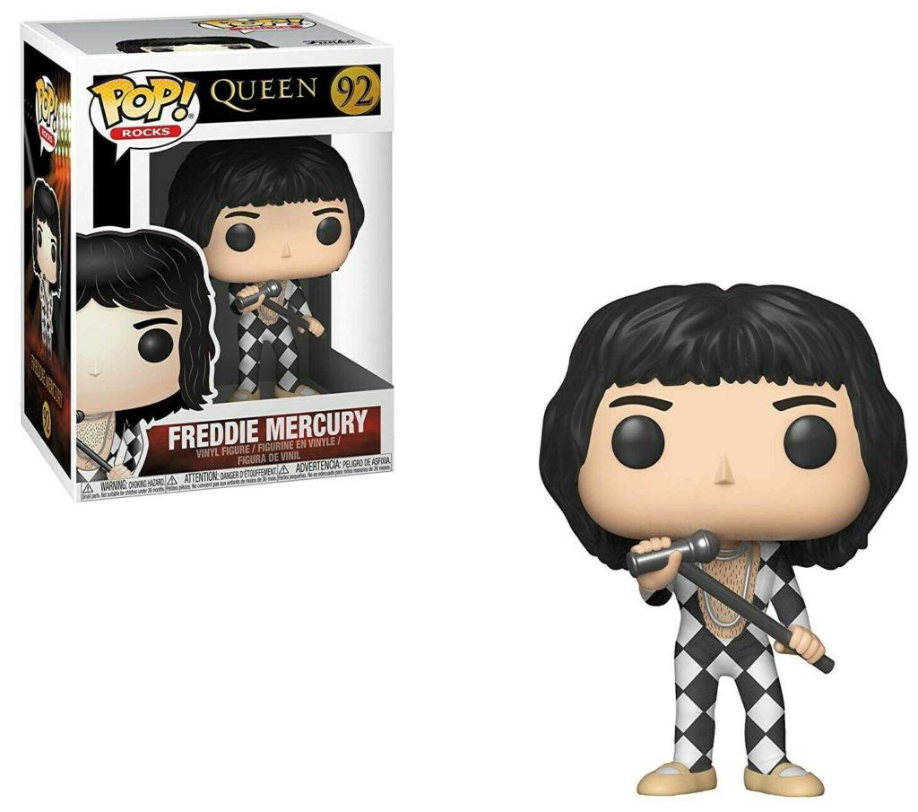 Eine Freddie Mercury Funko Pop Figur mit Mikrofon und ihre Produktverpackung.