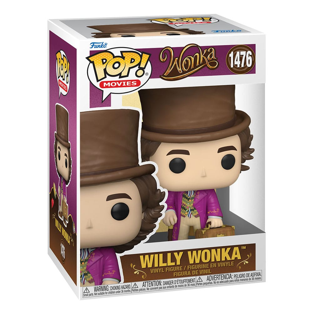 Figurine Funko Pop de Willy Wonka dans sa boîte avec manteau violet et chapeau.