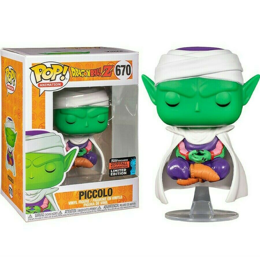 Piccolo Funko Pop Vinyl Figur inMeditationspose neben ihrer Verpackung.
