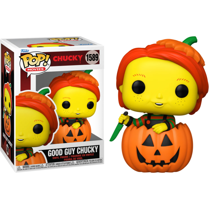 Figura de vinilo Funko Pop de Chucky dentro de una calabaza, sosteniendo un cuchillo, junto a su caja.