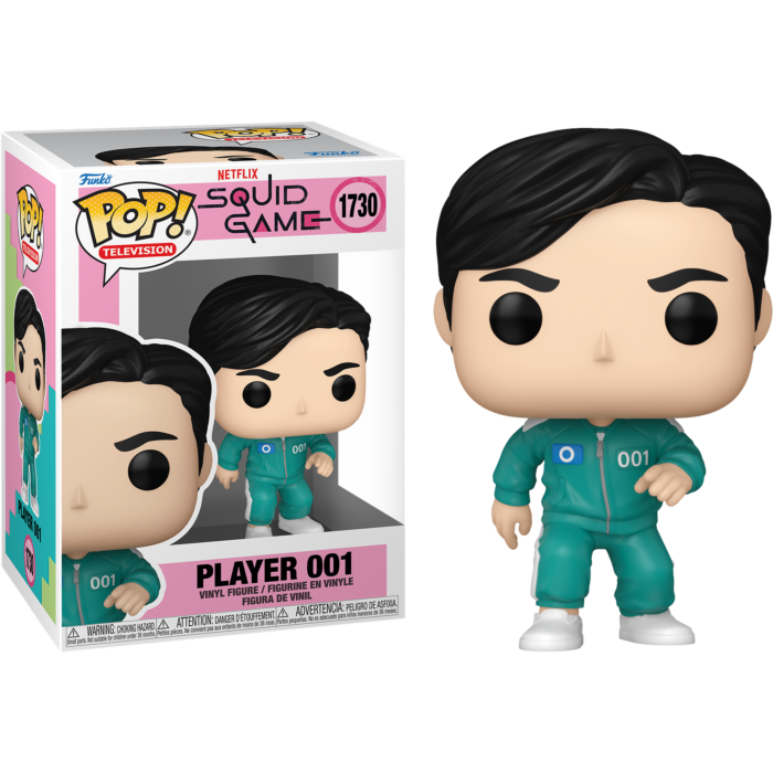 Figura Funko Pop del Jugador 001 en chándal verde con su caja sobre fondo negro.