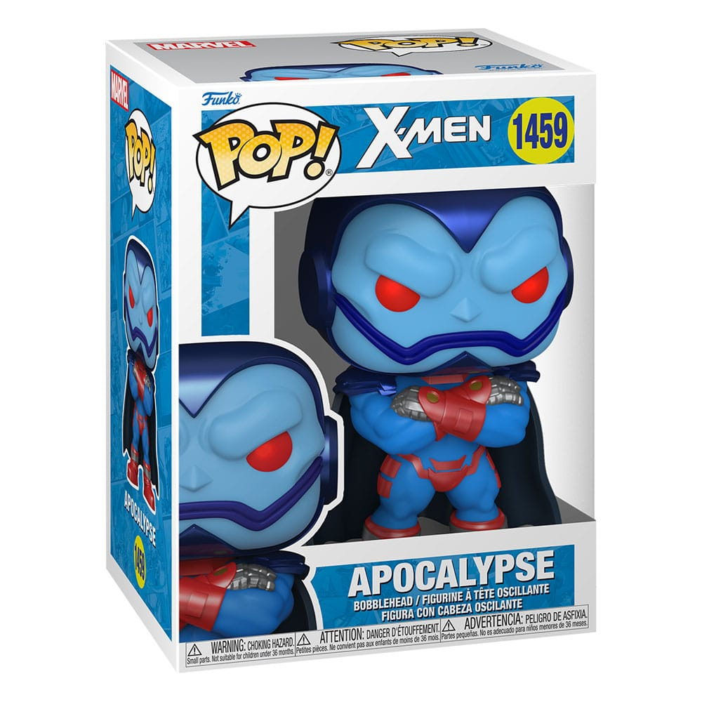 Figura de vinilo Funko Pop X-Men Apocalypse en una caja de colección azul y blanca.