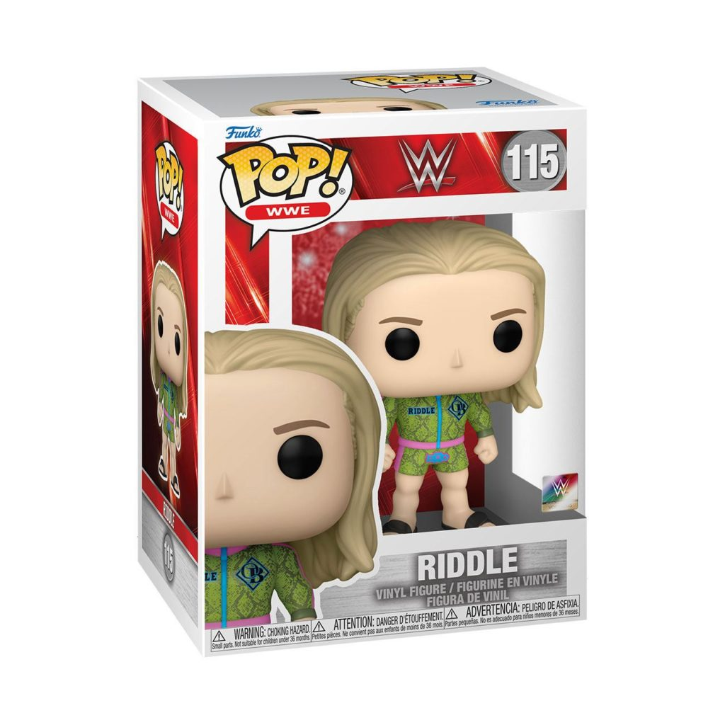 Figura in vinile Funko POP! WWE Riddle nella sua confezione, con capelli biondi e costume verde.