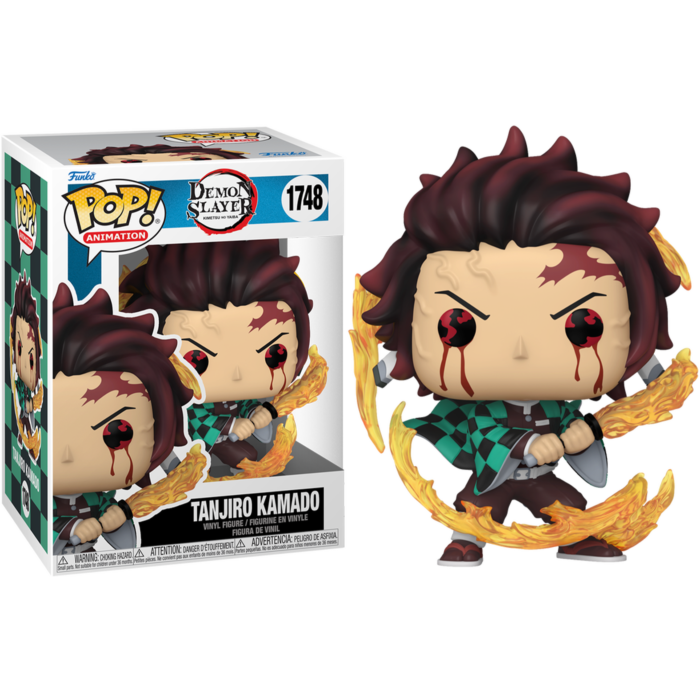Figurine en vinyle Funko Pop de Tanjiro Kamado avec une épée enflammée et sa boîte.