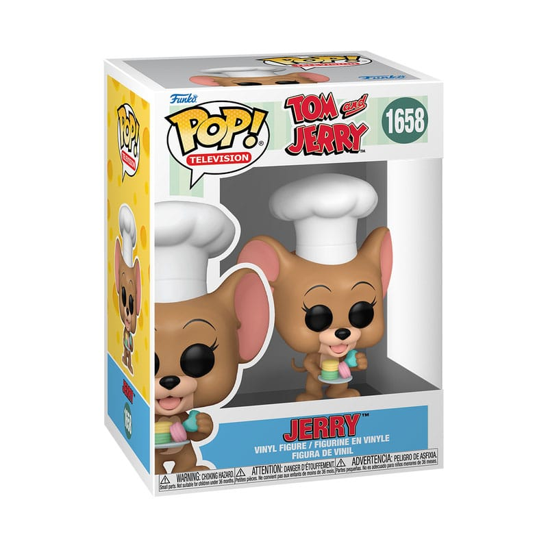 Funko Pop Tom and Jerry Vinylfigur 1658, zeigt Jerry mit Kochmütze und Makronen.