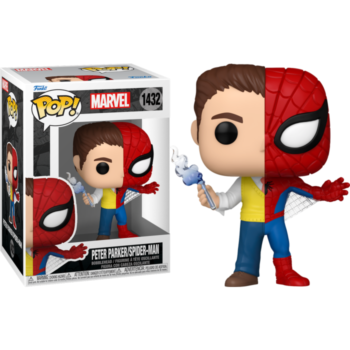 Figura Funko Pop de Peter Parker medio disfrazado de Spider-Man, junto a su caja de embalaje.
