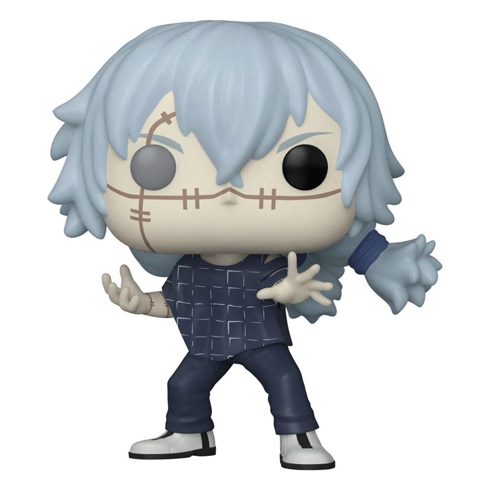 Funko Pop Figur mit hellblauen Haaren, blauer karierter Kleidung und genähten Wunden im Gesicht.