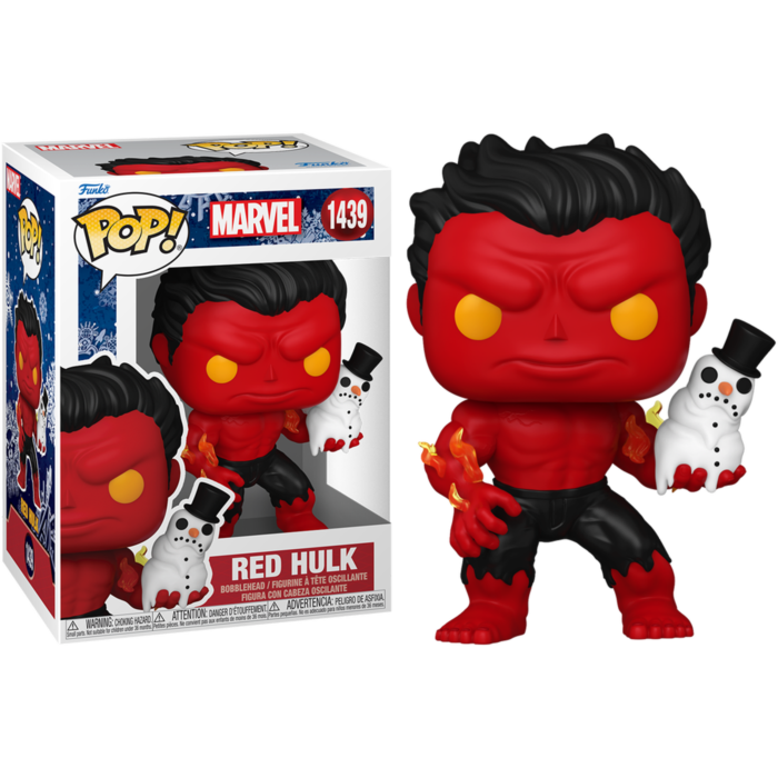 Figura Funko Pop de Hulk Rojo con pantalones negros y manos en llamas sosteniendo un pequeño muñeco de nieve.