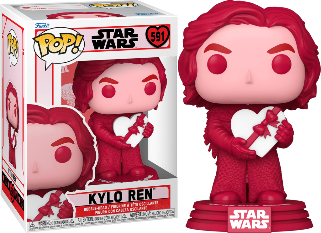Figura Funko Pop roja de Kylo Ren de Star Wars sosteniendo un corazón blanco, junto a su caja temática.