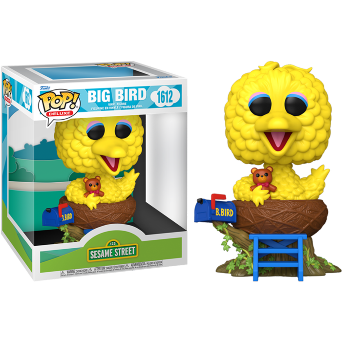 Figura de vinilo Big Bird Pop! Deluxe de Sesame Street con un osito, nido y buzón junto a su caja.