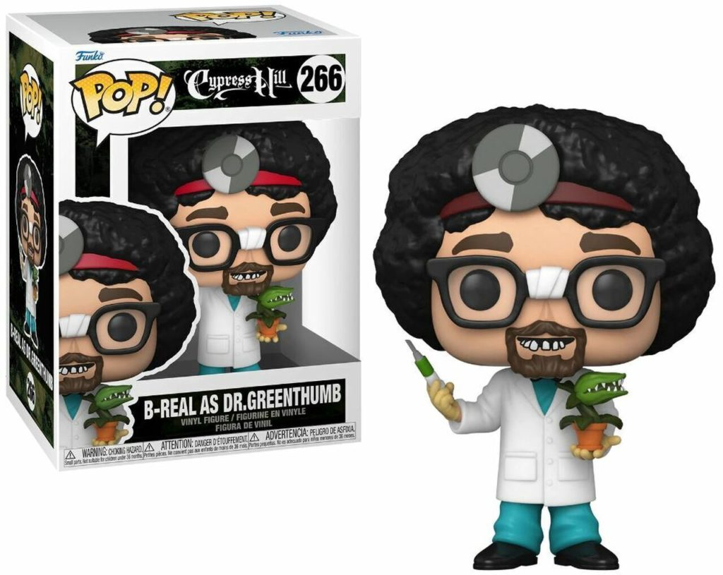 Funko-Pop-Figur von B-Real als Dr. Greenthumb mit Spritze und Topfpflanze, inklusive Verpackung.