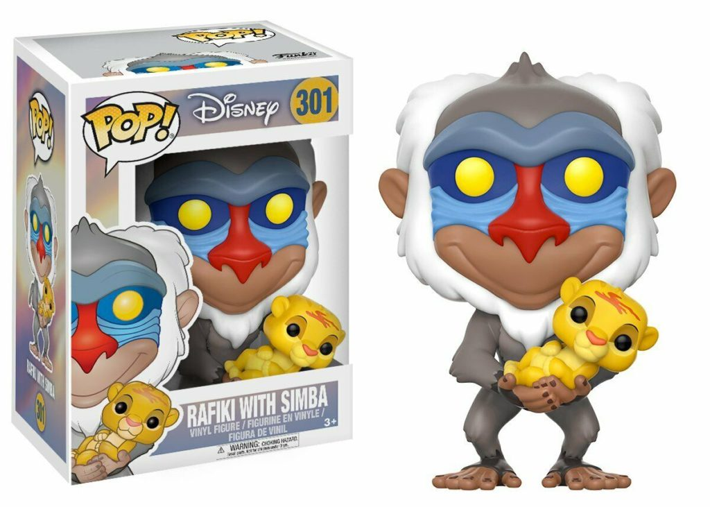 Figura Funko Pop! de Rafiki sosteniendo a Simba de El Rey León de Disney, con su caja.