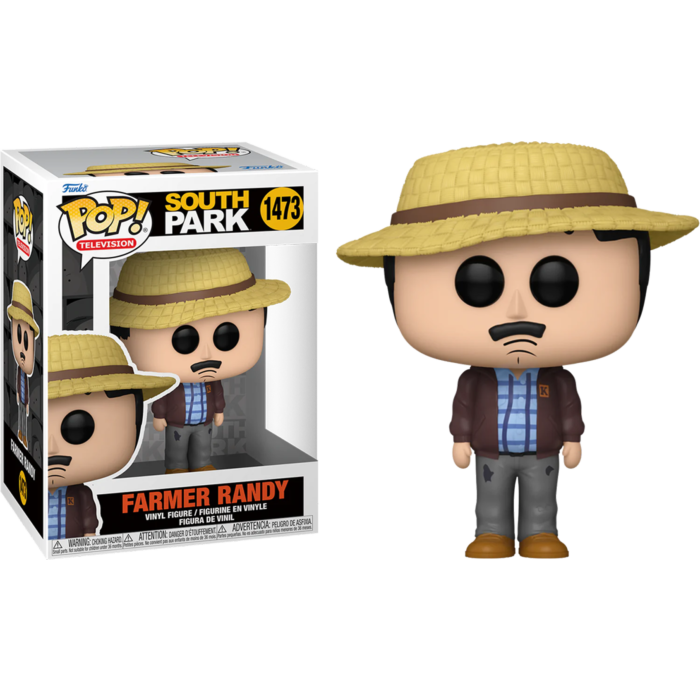 Figura Funko Pop de Farmer Randy de South Park con sombrero de paja, camisa a cuadros y chaqueta marrón, con su caja.